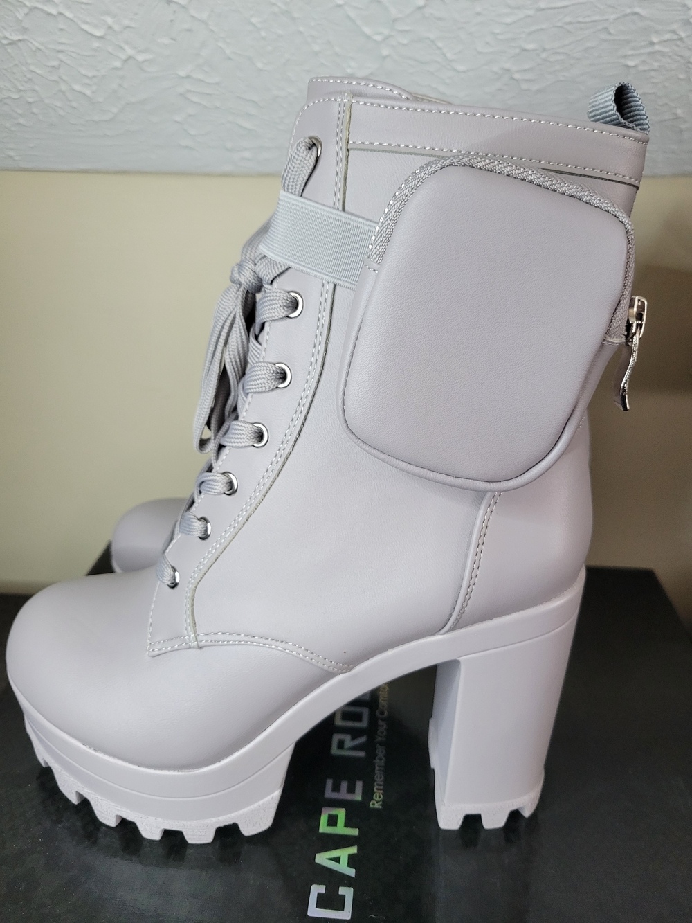 Cape Robbin Light Gray Lug Heel Lace-Up Ankle Boots with Side Pouch